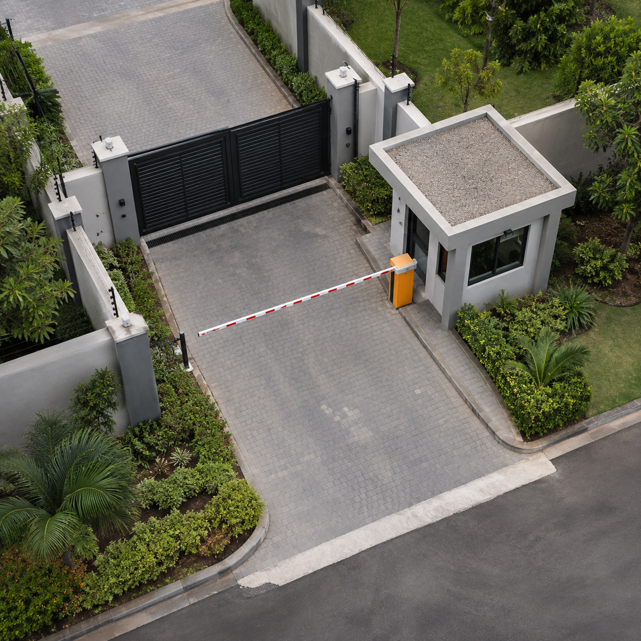 Aerial view of an access-controlled entrance and barrier