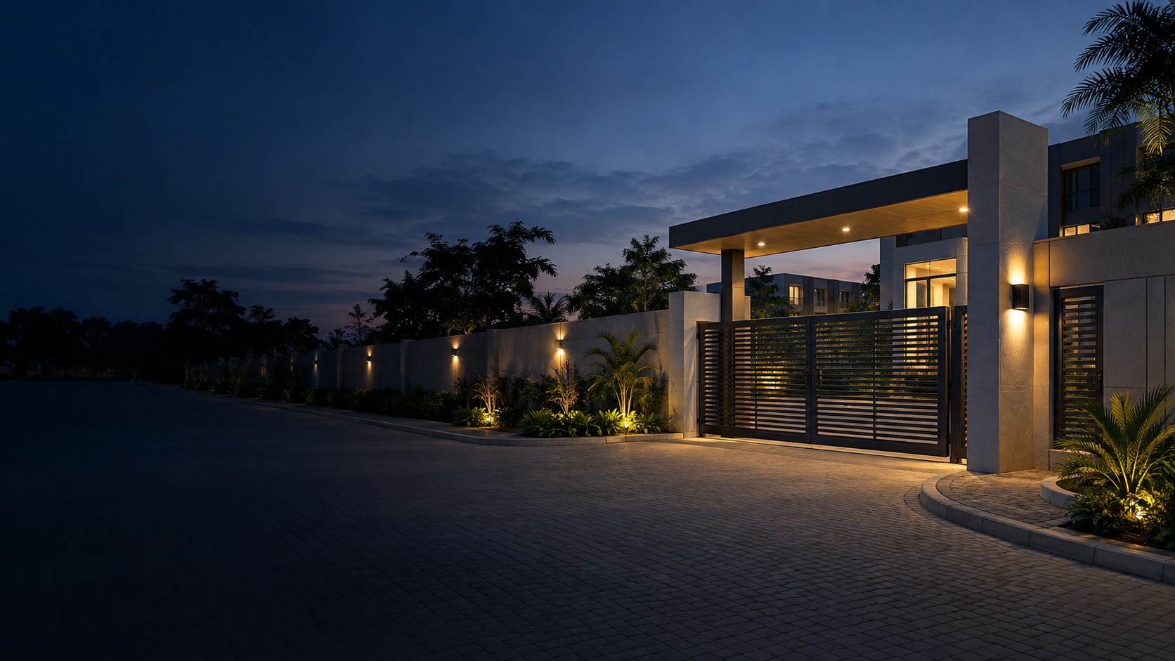 People-free controlled entrance to a contemporary property at dusk