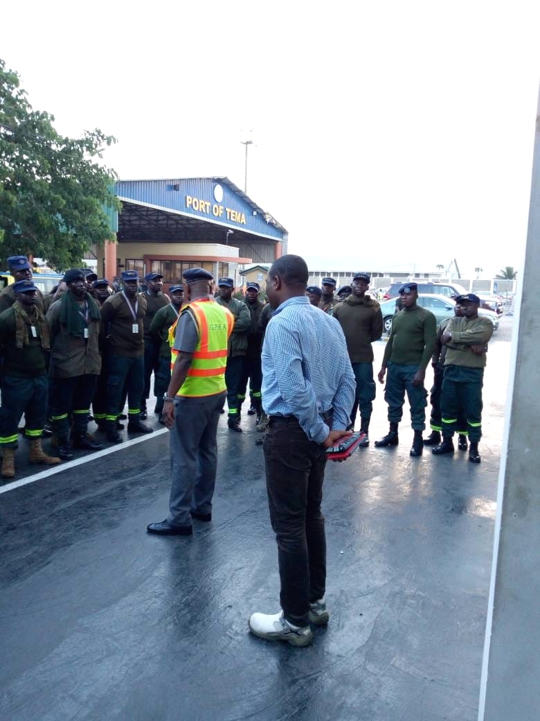 Security personnel taking part in a briefing at the Port of Tema